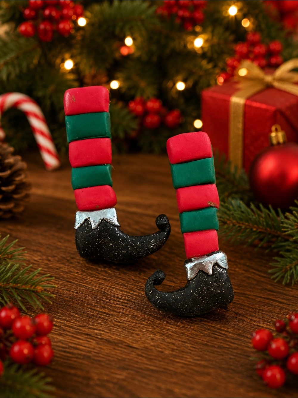Festive Elf Leg Holiday Handmade Polymer Clay Earrings in Red & Green